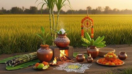 Harvest festival celebration with sugarcane and traditional offerings