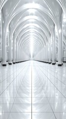 A long, bright, architectural corridor with repetitive arches and glossy, reflective flooring