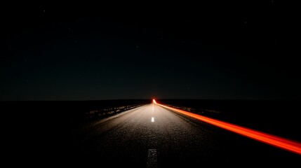A long road stretches into darkness. Red light trails behind, with distant stars in the black sky
