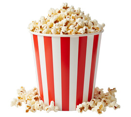 PNG. popcorn in a bucket. Popcorn in striped bucket isolated on transparent background.
