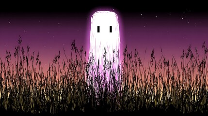 A luminescent, ghostly figure stands in tall grass against a starry, purple twilight backdrop