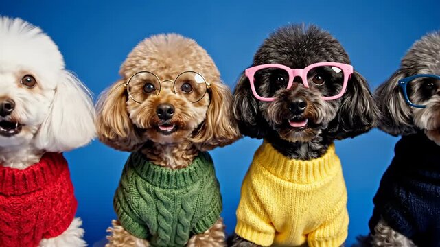 Poodles Wearing Sweaters and Glasses - A group of four poodles are dressed in colorful knitted sweaters and fashionable glasses against a blue background.