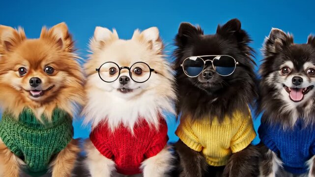 Four Pomeranian Dogs Wearing Sweaters and Glasses - This video features four adorable Pomeranian dogs standing side-by-side against a vibrant blue background.