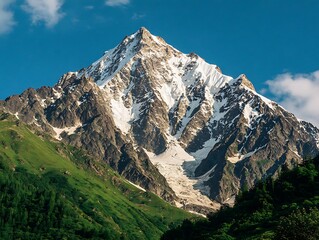 A magnificent snow-capped mountain against a clear blue sky, with lush green slopes