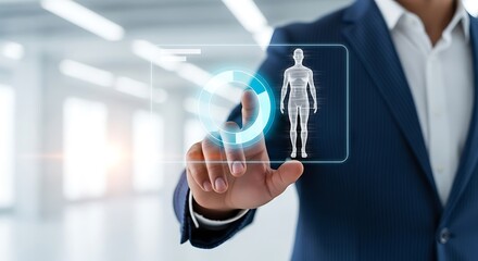 Businessman touching holographic human body scan with circular chart medical technology