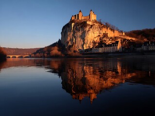 A majestic fortress perched atop a cliff reflects beautifully in the calm river waters at sunset