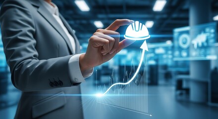 Hand holding white hard hat icon over rising graph with blue digital background business growth
