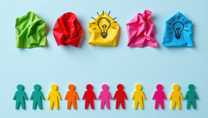 Colorful crumpled paper and cut-out figures representing ideas, creativity, teamwork, and brainstorming concepts
