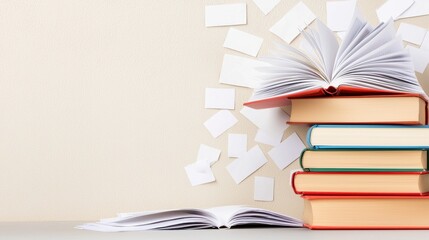 Fototapeta premium Book on a Desk or Table Pile of books and research papers on a desk, indicating academic work or study