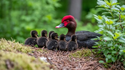 A mother waterfowl with distinctive red head and many fluffy ducklings nestled together