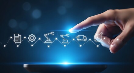 Human finger touching glowing blue digital interface with industry icons technology automation