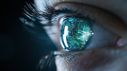 Eye Tracking Technology Eye with digital interface and data points showing gaze direction, futuristic HUD elements, focus on technology and innovation