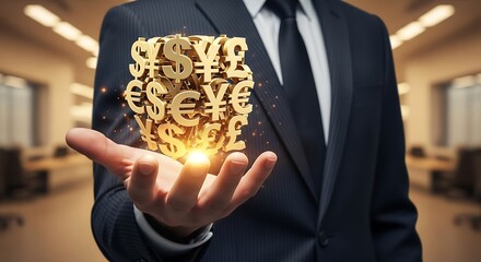 Man in dark suit holding cube of golden currency symbols in office money finance