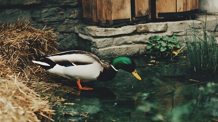 A mallard duck standing near pond water with greenery and stone walls in the background