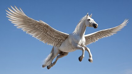 A majestic white mythical creature with large wings, soaring gracefully against a clear blue sky