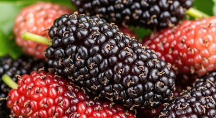 Close up of ripe and unripe mulberries with green leaf in background