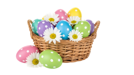 Colorful easter eggs in a wicker basket with daisies isolated on transparent background