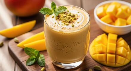 A mango smoothie in a glass with mango pieces and mint on a wooden board