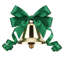 PNG. christmas bell with green ribbon. Golden jingle bell with green bow Christmas decoration on transparent background. holiday design and festive projects.