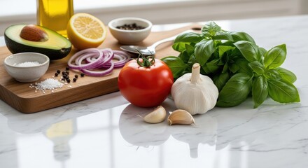 Still life of fresh ingredients on a wooden board and marble counter
