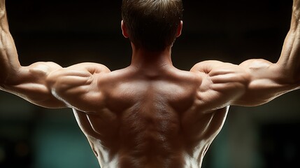 A muscular man's back and arms, emphasizing defined muscles from a low-angle perspective