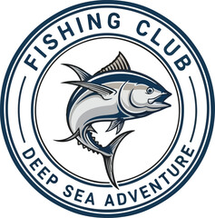 Isolated Vector Fishing Club Logo Badge with Tuna Fish and 'Deep Sea Adventure' Text isolated PNG with Transparent Background