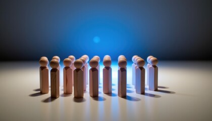Group of Wooden Human Figures Standing Together with Blue Light Background in Minimalist Concept