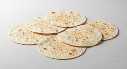 A close up of a stack of several flatbreads on a white surface top view