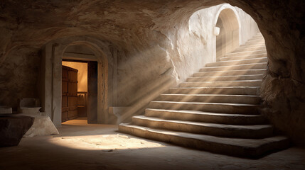Obraz premium Sunlight Streams Down Ancient Stone Steps in a Cave Entrance