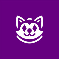 Minimalist logo of a cat with a clown-like face featuring bold geometric shapes and expressive eyes on a vibrant purple background