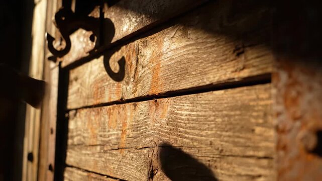 Aged wooden door, rustic hinge detail and strong contrast lighting.