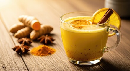 Golden milk with turmeric roots and star anise on a wooden surface