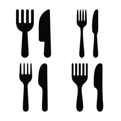 Black silhouettes of forks and knives set on white background