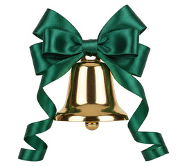 PNG. christmas bell with green ribbon. Golden jingle bell with green bow Christmas decoration on transparent background. holiday design and festive projects.