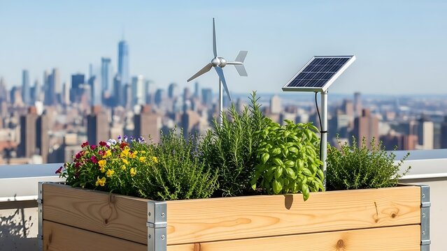 Rooftop garden with herbs, small wind turbine, and solar panel overlooking city skyline - Powered by Adobe