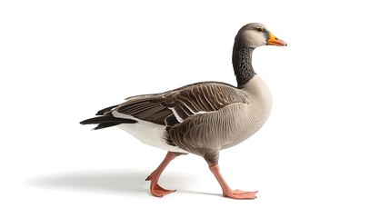 Obraz premium A single grey goose stands on a white background with its head turned