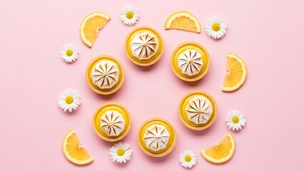 Fototapeta premium Lemon Meringue Tarts Arranged with Lemon Slices and Daisies