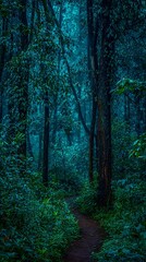 A mystical path winds through a dense, emerald-toned forest, shrouded in mist and mystery