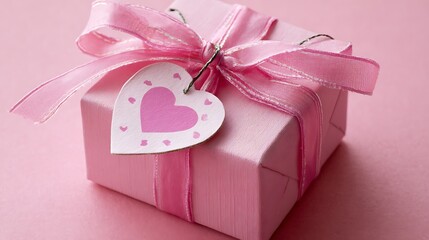 A neatly wrapped pink gift box with a pink ribbon and a heart-shaped tag