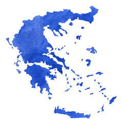 The artistic form of the map of Greece in shades of blue. Abstract watercolor illustration on an isolated background. A clipart is a form of a country made up of many different islands.