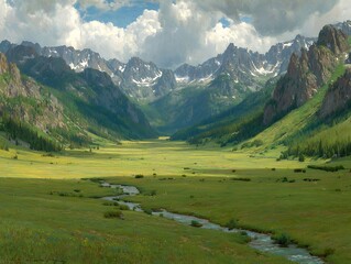 A painting depicts a lush valley with mountains and a winding stream under a bright sky