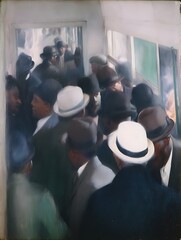 A painting depicting a crowded scene of people, mostly men, wearing hats, in a close space
