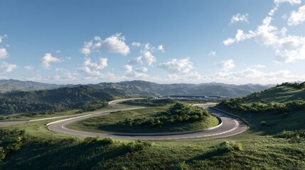 Fototapeta premium A vast, winding race track snacks through lush green hills under a clear blue sky.