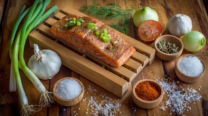 A perfectly cooked salmon fillet, adorned with herbs and spices on a wooden surface, with other ingredients