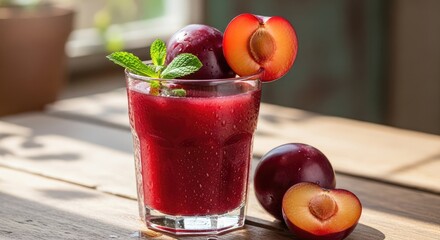 A refreshing plum smoothie in a glass with mint and sliced plum garnish