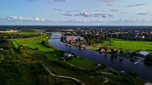 Aerial view of Jelgava Palace on the shore of Lielupe River in summer evening