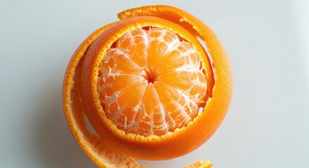 Close up of a peeled orange with the peel curled around the fruit core
