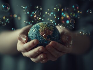 A person cradles a glittery Earth amidst floating bubbles. Environmental concept