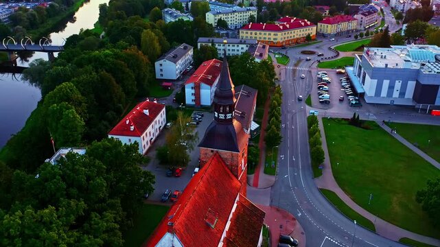 Aerial view of St. Simon&rsquo;s Church and town center in Valmiera, Latvia at dusk