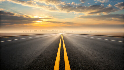 Long empty highway stretches towards a vibrant sunset with dramatic cloud formations above